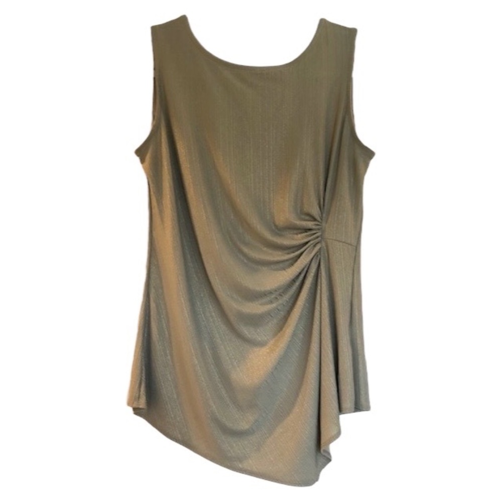 Tahari Taupe Green Sleeveless Blouse With Gold Shimmer And Ruched Side Size XS